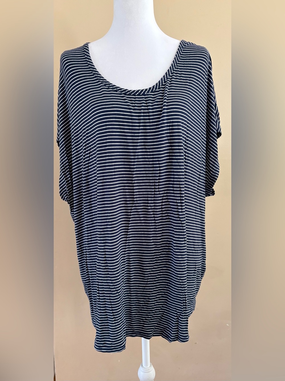 Lands' End Navy and White Striped Scoop Neck Top